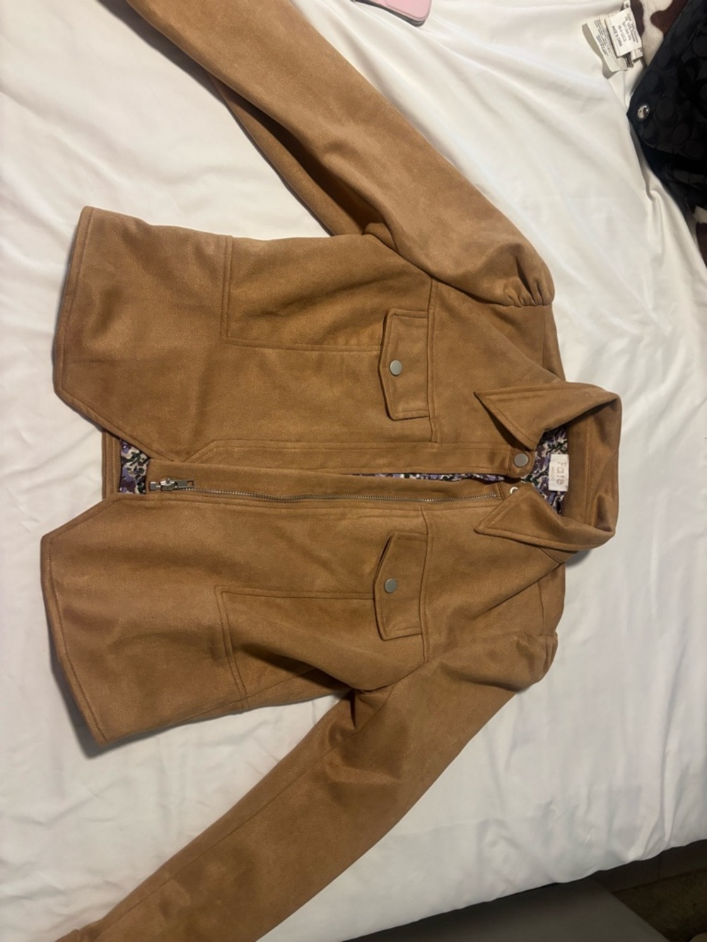 Fate Tan Faux Suede Jacket with Floral Lining